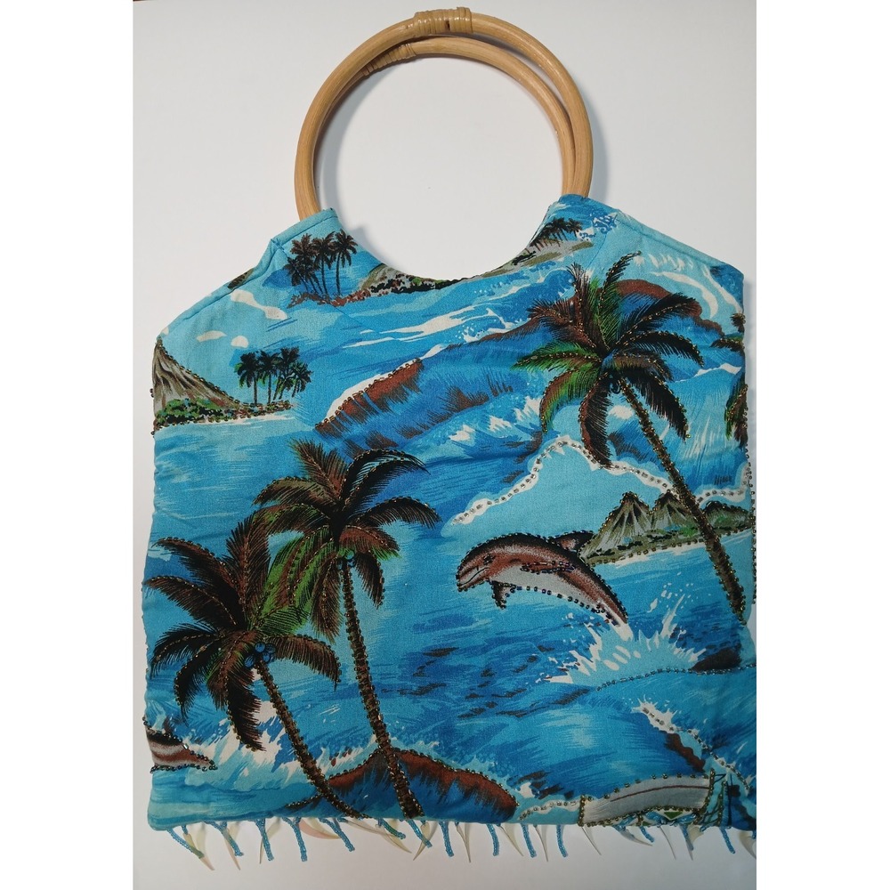 VTG Tropical Dolphin Hawaiian Beaded Rayon Handmade Retro Tote Purse Bamboo